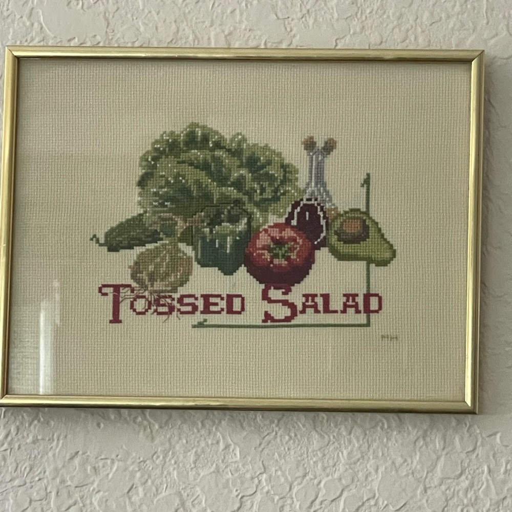 Vintage cross stitched frame art. Toss salad.